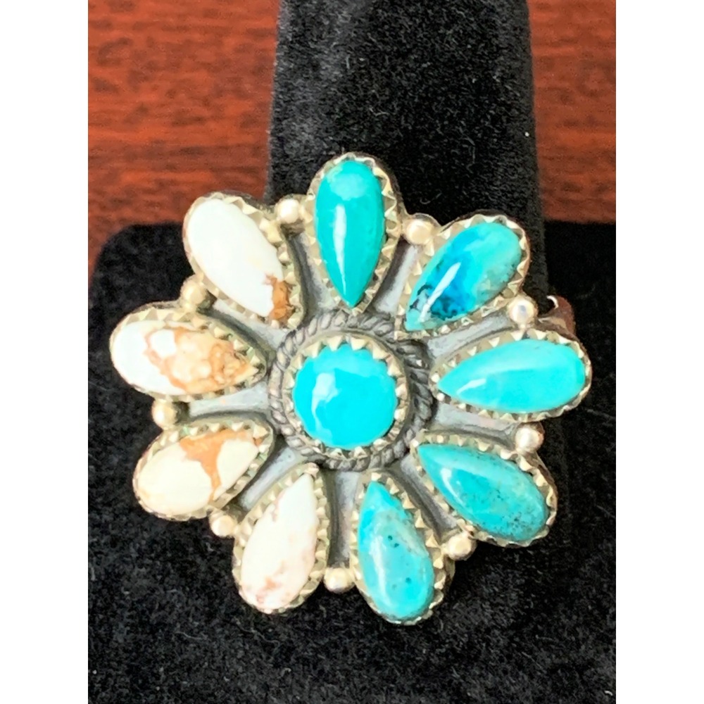 925 Sterling Silver Mohave Wild Horse Turquoise Adjustable Cluster Flower Ring